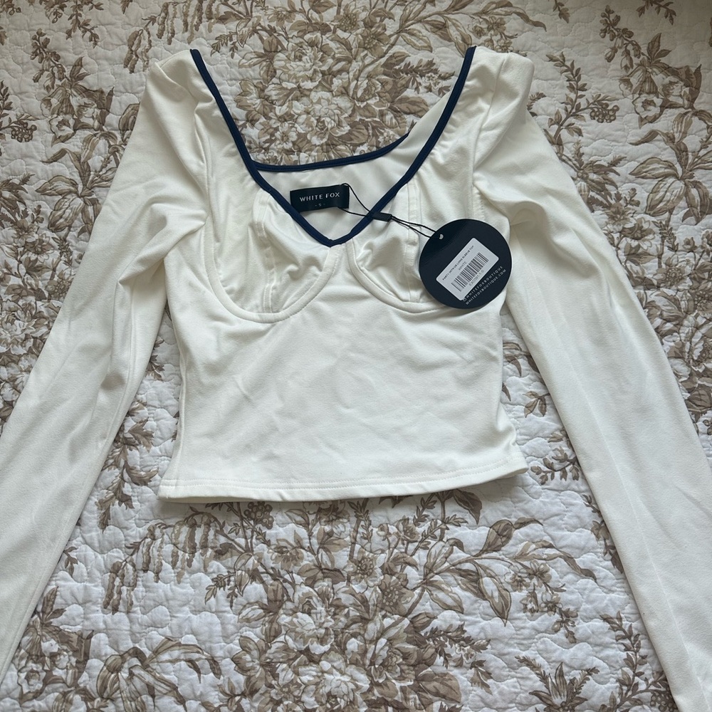 White Fox Boutique Cream Long Sleeve Bustier Crop Blouse